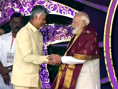 Andhra Pradesh CM felicitates PM Modi at Satya Sai Baba centenary celebrations in Puttaparthi