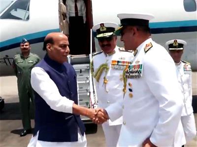 Rajnath Singh lands in Visakhapatnam ahead of INS Taragiri and Aridhaman commissioning