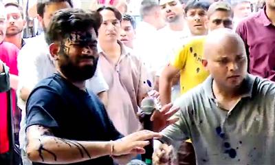 Ink thrown at Cockroach Janata Party founder Abhijeet Dipke during Jantar Mantar protest