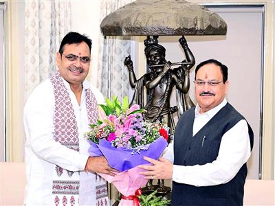 Union Minister JP Nadda meets Rajasthan CM Bhajanlal Sharma at his residence in Jaipur