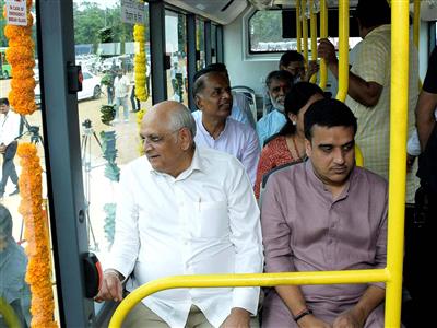 Gujarat CM Bhupendra Patel travels as a passenger to mark the inauguration of Electric buses