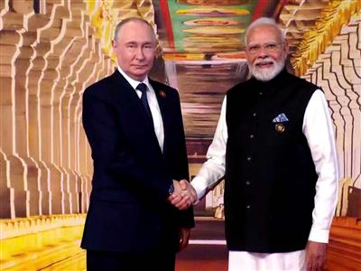 BRICS Summit: PM Modi welcomes Russian President Vladimir Putin at Bharat Mandapam