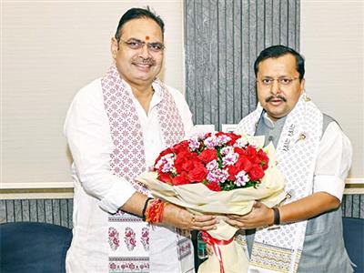 BJP National President Nitin Nabin, Rajasthan CM arrive at Brahma Kumaris Headquarters for spiritual summit